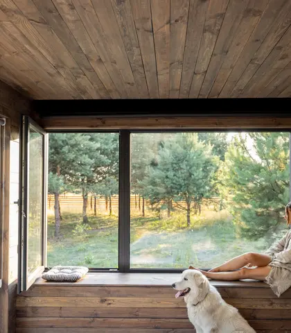 Woman sitting by a window with her dog, looking outside